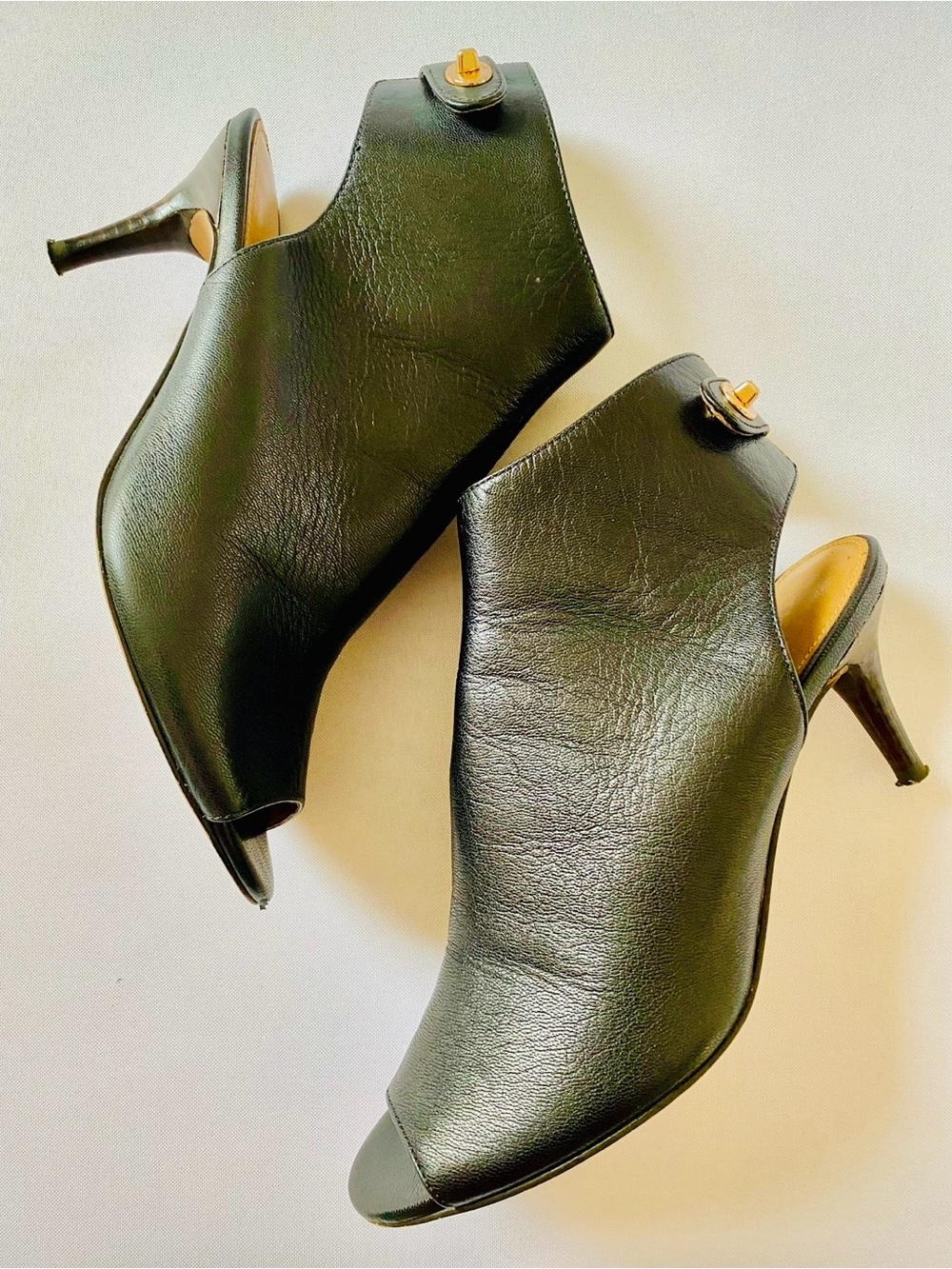 COACH Marietta Black Leather Turnlock Peep Toe Ankle Booties Heels